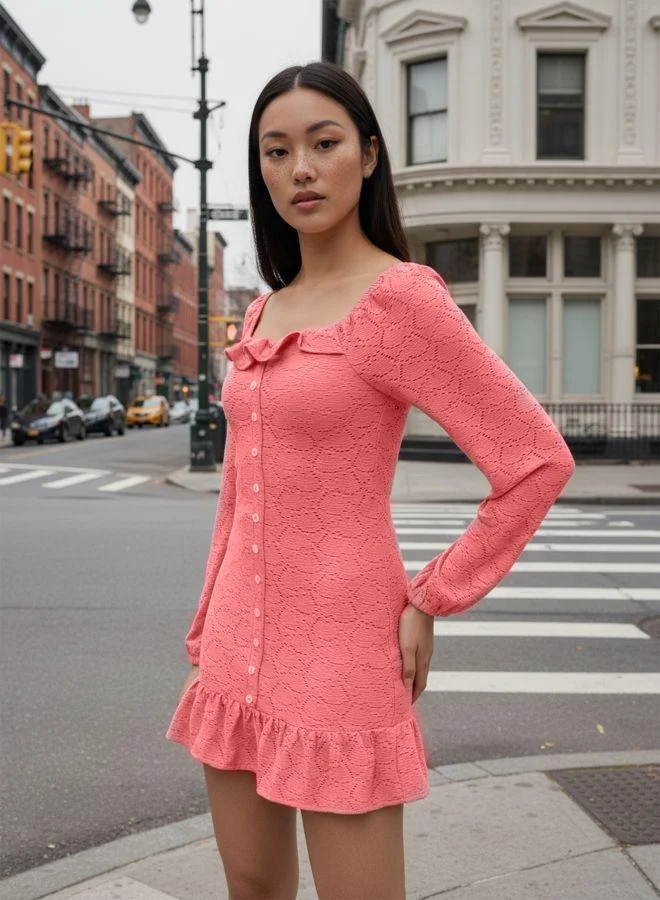 مرفوعة Women Fitted Textured Square Neck Full Sleeves Mini Dress